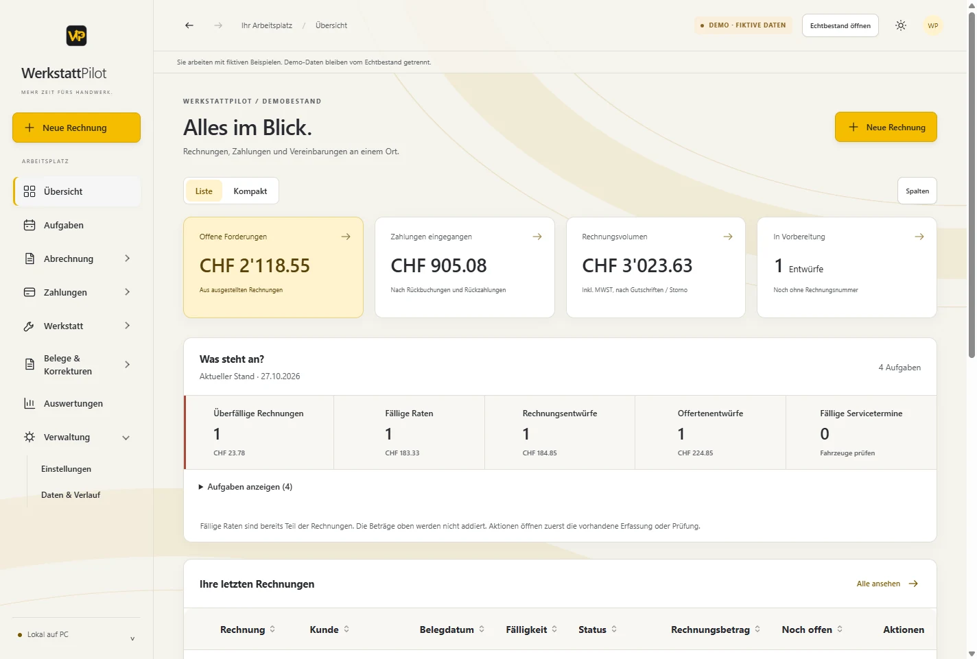 WerkstattPilot Übersicht im Design Goldfluss, hell